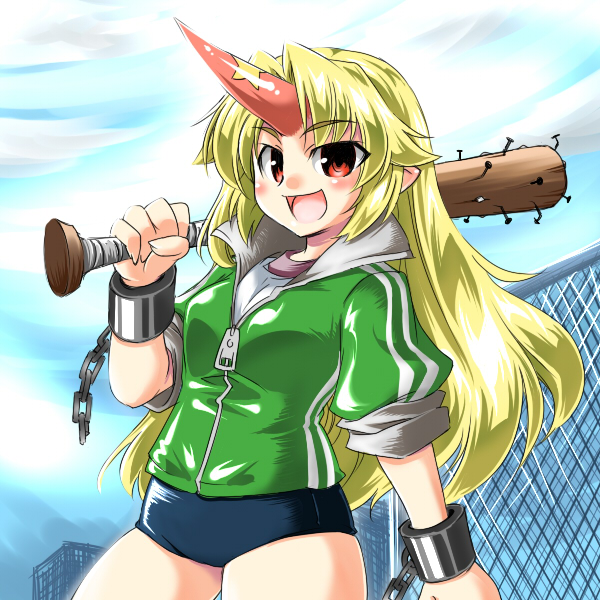 tajima yuuki, hoshiguma yuugi, touhou, 1girl, alternate costume, baseball bat, blonde hair, chain, double vertical stripe, female focus, gym uniform, horns, long hair, nail (hardware), nail bat, oni, outdoors, single horn, sky, solo, weapon