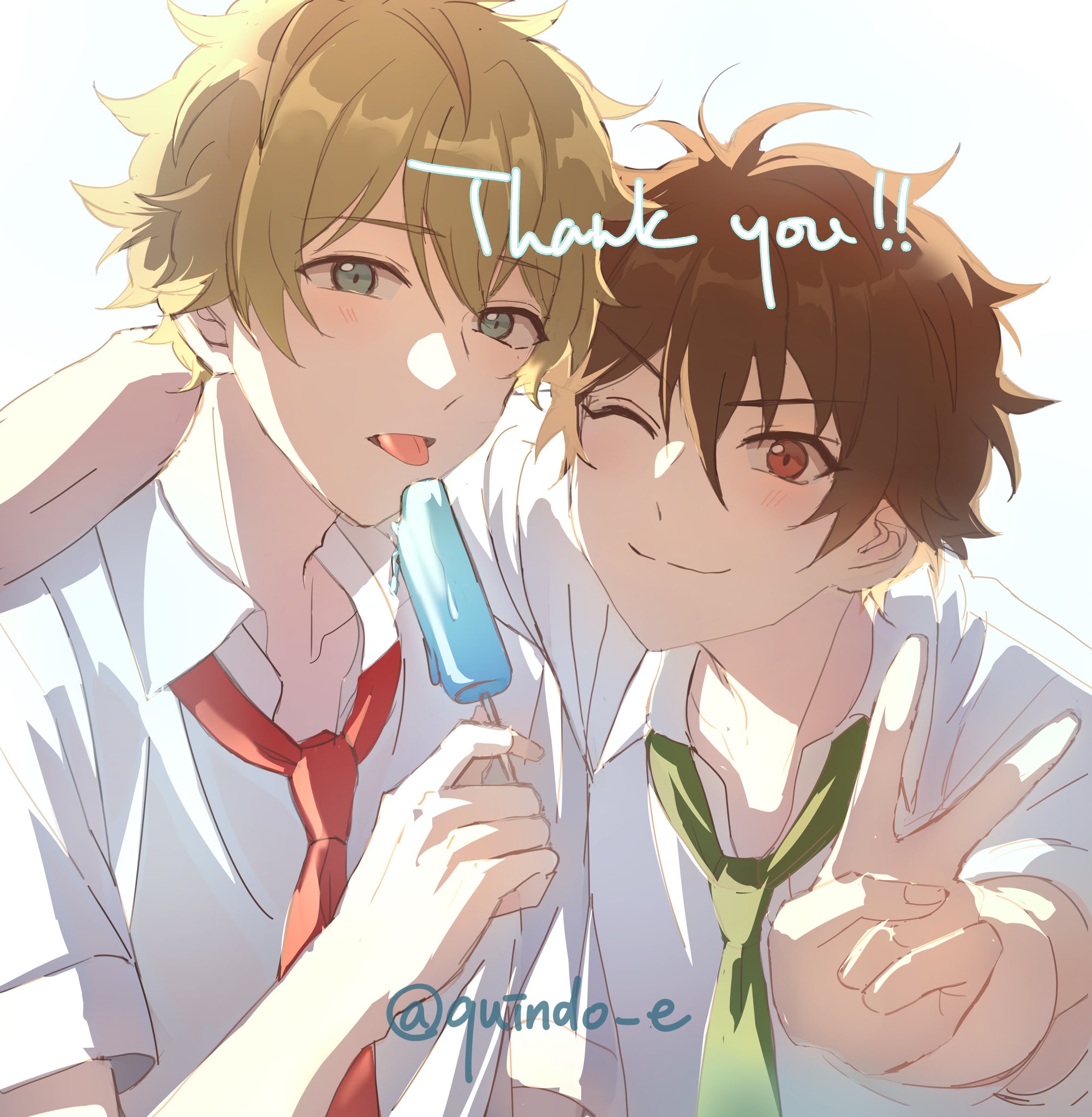 kindo, morisawa chiaki, takamine midori, ensemble stars!, commentary request, highres, 2boys, arm around shoulder, brown eyes, brown hair, collared shirt, food, green necktie, hand up, holding, holding food, holding popsicle, looking at viewer, male focus, multiple boys, necktie, one eye closed, popsicle, red necktie, school uniform, shirt, short hair, short sleeves, simple background, smile, split mouth, thank you, tongue, tongue out, twitter username, upper body, v, white background