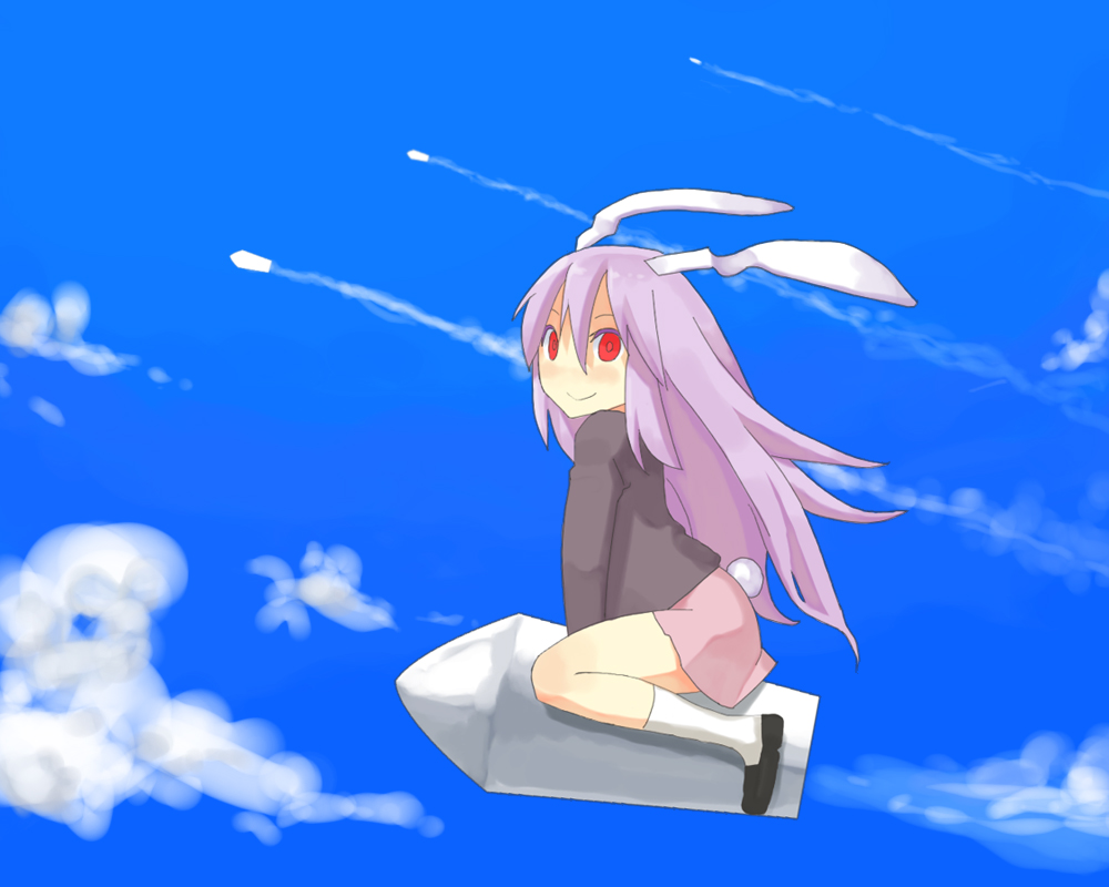 koma neko, reisen udongein inaba, touhou, 1girl, animal ears, bullet, female focus, flying, long hair, outdoors, purple hair, rabbit ears, skirt, sky, solo