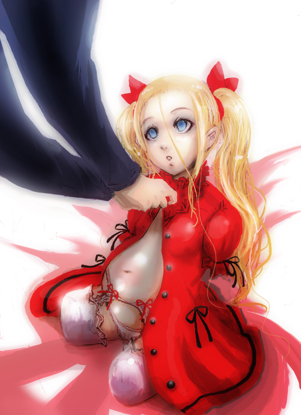 funakura, original, 1girl, amputee, blonde hair, blue eyes, dress, empty eyes, flat chest, guro, loli, long hair, open clothes, open shirt, out of frame, pregnant, quadruple amputee, ribbon, shirt, solo focus, twintails