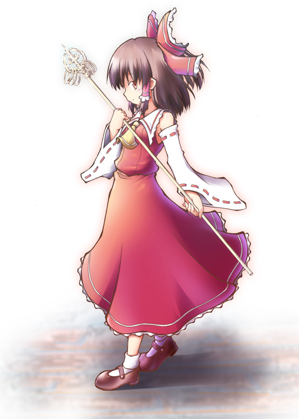 hazumi otoya, otoya, hakurei reimu, touhou, 1girl, detached sleeves, female focus, japanese clothes, miko, ribbon, shakujou, solo, staff