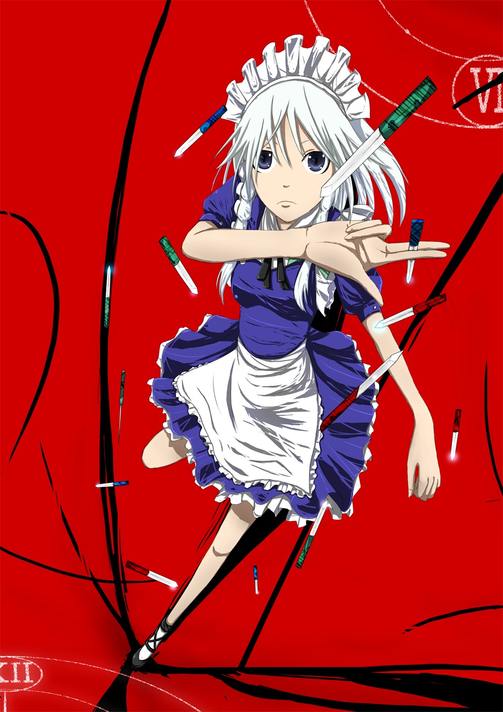 karu mono, karukei, izayoi sakuya, touhou, bad id, bad pixiv id, highres, 1girl, between fingers, braid, female focus, holding, knife, maid, ribbon, short hair, solo, throwing knife, twin braids, twintails, weapon