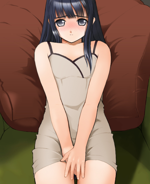 yukiyoshi, tsutsumi kinuka, hizashi no naka no real, 1girl, black hair, blush, dress, female focus, grey eyes, loli, long hair, pillow, sitting, solo