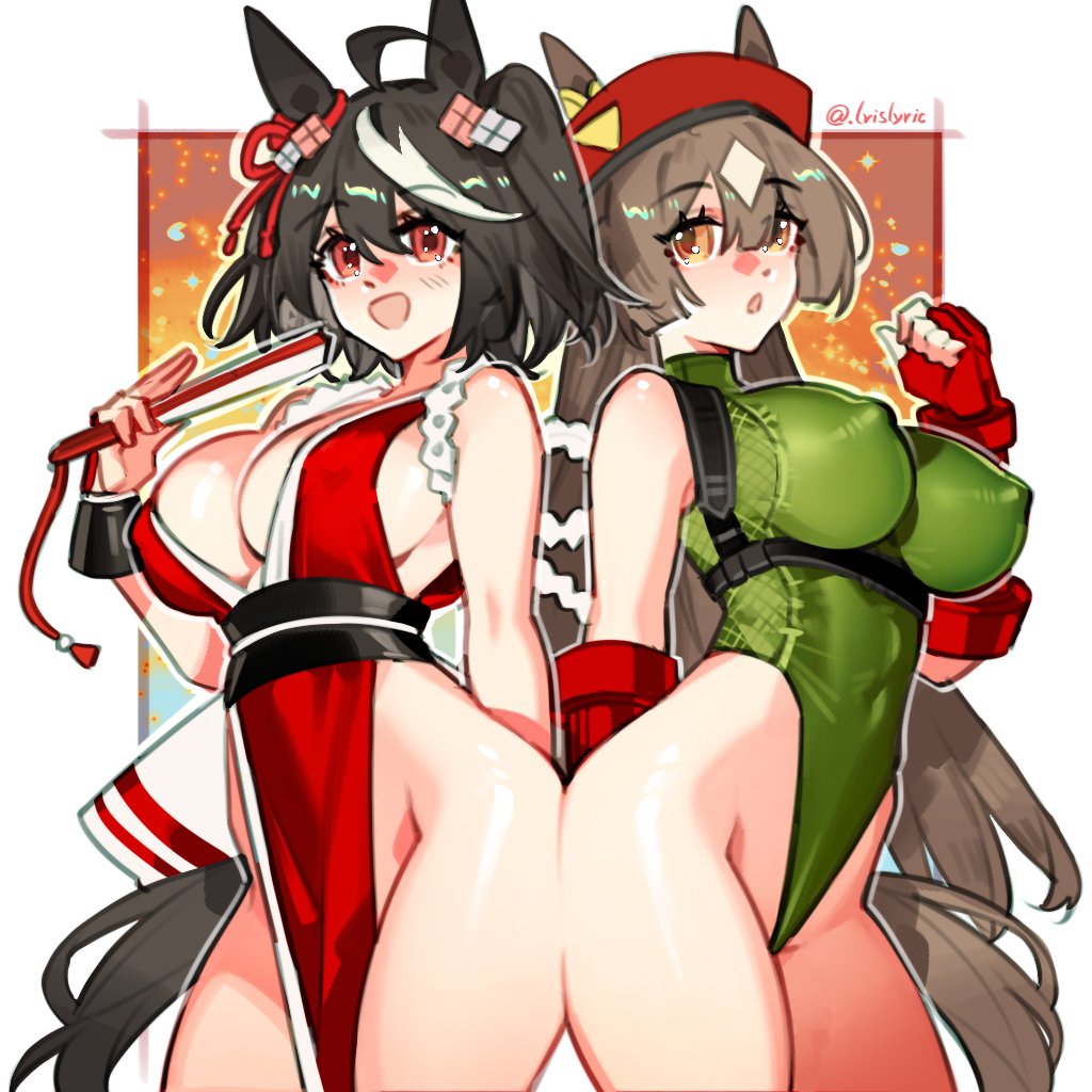baobao771100, cammy white, kitasan black (umamusume), satono diamond (umamusume), shiranui mai, the king of fighters, umamusume, commentary, 2girls, bare hips, black hair, breasts, brown eyes, brown hair, cammy white (cosplay), cosplay, covered erect nipples, fingerless gloves, folded fan, folding fan, gloves, green leotard, hand fan, heattech leotard, highleg, highleg leotard, holding, holding fan, japanese clothes, kimono, large breasts, leotard, multiple girls, pelvic curtain, red eyes, red gloves, shiranui mai (cosplay), sleeveless, sleeveless kimono, turtleneck, two side up, white hair, white streaks