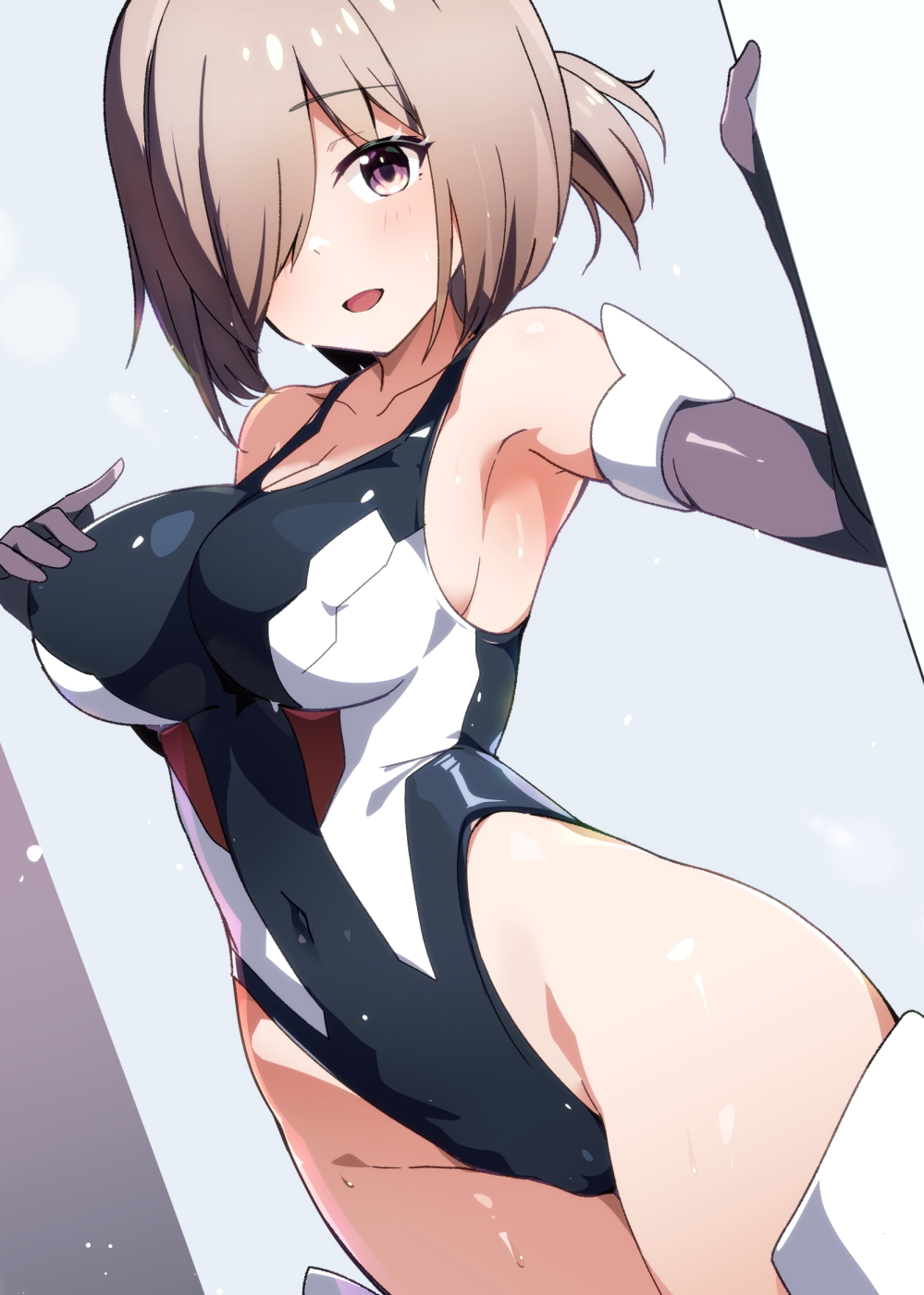 ko pot-au-feu, character request, copyright request, highres, 1girl, black leotard, brown hair, cowboy shot, dutch angle, elbow gloves, gloves, grey eyes, grey gloves, hair over one eye, highleg, highleg leotard, leotard, multicolored leotard, short hair, smile, solo, two side up