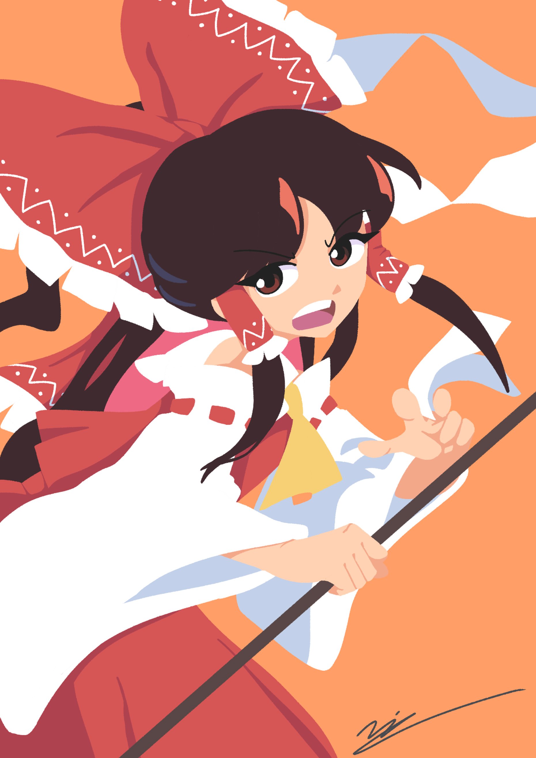 yoiy san, hakurei reimu, touhou, absurdres, highres, 1girl, blonde hair, brown eyes, detached sleeves, gohei, hair ribbon, holding, holding gohei, long hair, looking at viewer, orange background, red ribbon, ribbon, solo, wide sleeves