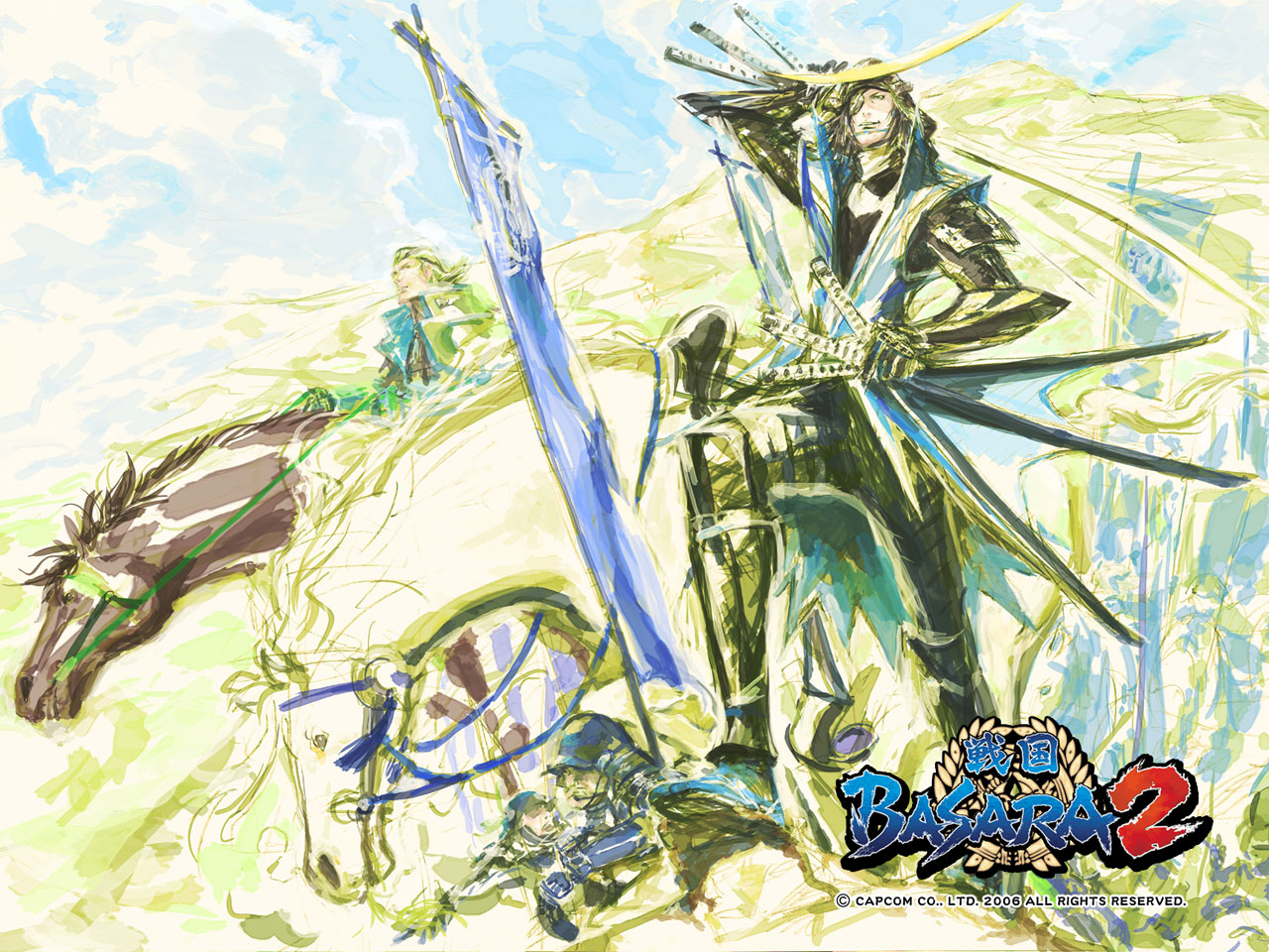 tsuchibayashi makoto, date masamune (sengoku basara), katakura kojuurou, sengoku basara, official art, official wallpaper, 00s, 2boys, armor, banner, copyright name, flag, horse, male focus, multiple boys, nobori, sword, weapon