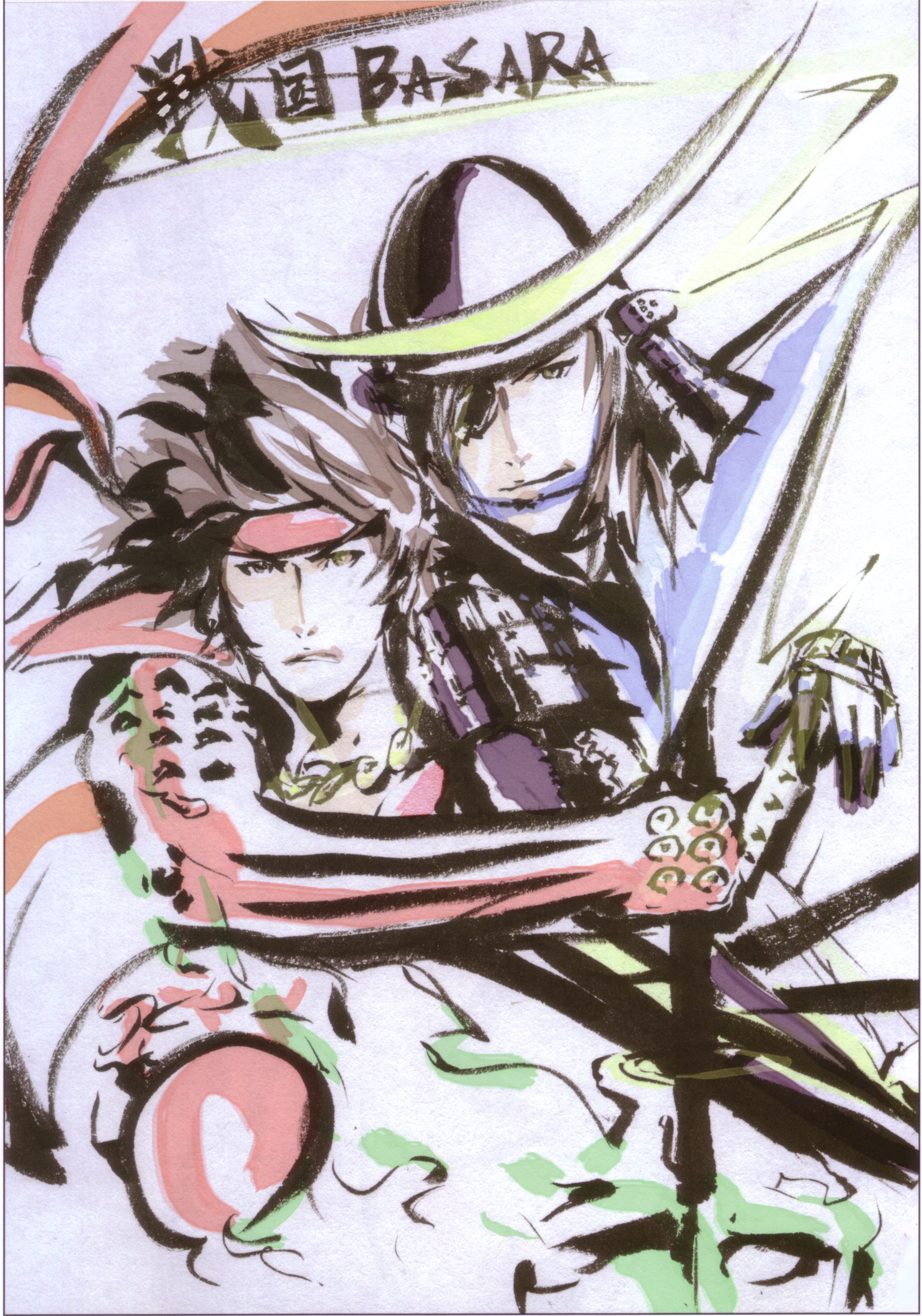 tsuchibayashi makoto, date masamune (sengoku basara), sanada yukimura (sengoku basara), sengoku basara, absurdres, highres, 00s, 2boys, armor, copyright name, eyepatch, gradient background, headband, helmet, male focus, multiple boys, white background