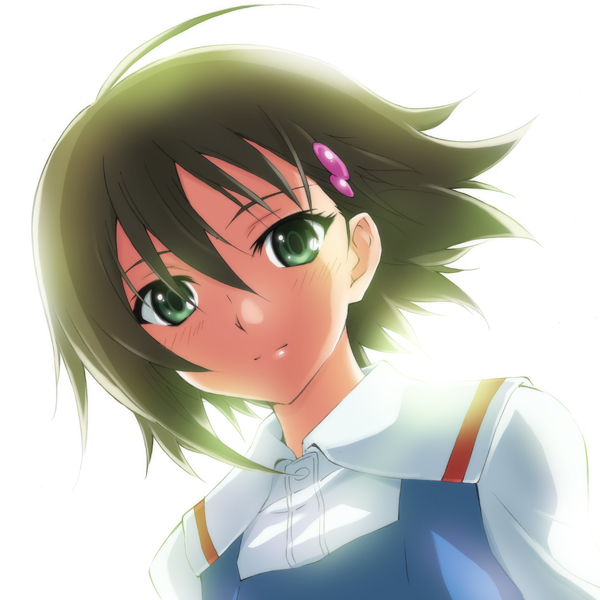 yomi (indigoriver), isurugi noe, true tears, 00s, 1girl, ahoge, blush, close-up, female focus, green eyes, grey hair, hair ornament, hairclip, school uniform, serafuku, short hair, smile, solo