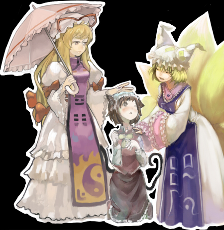 haruo (clownberry), chen, yakumo ran, yakumo yukari, touhou, lowres, 3girls, animal ears, animal hat, black background, blonde hair, cat ears, cat girl, female focus, fox ears, fox tail, hat, headpat, height difference, long sleeves, mob cap, multiple girls, multiple tails, short hair, sidelocks, standing, tabard, tail, tassel, umbrella, wide sleeves, yin yang