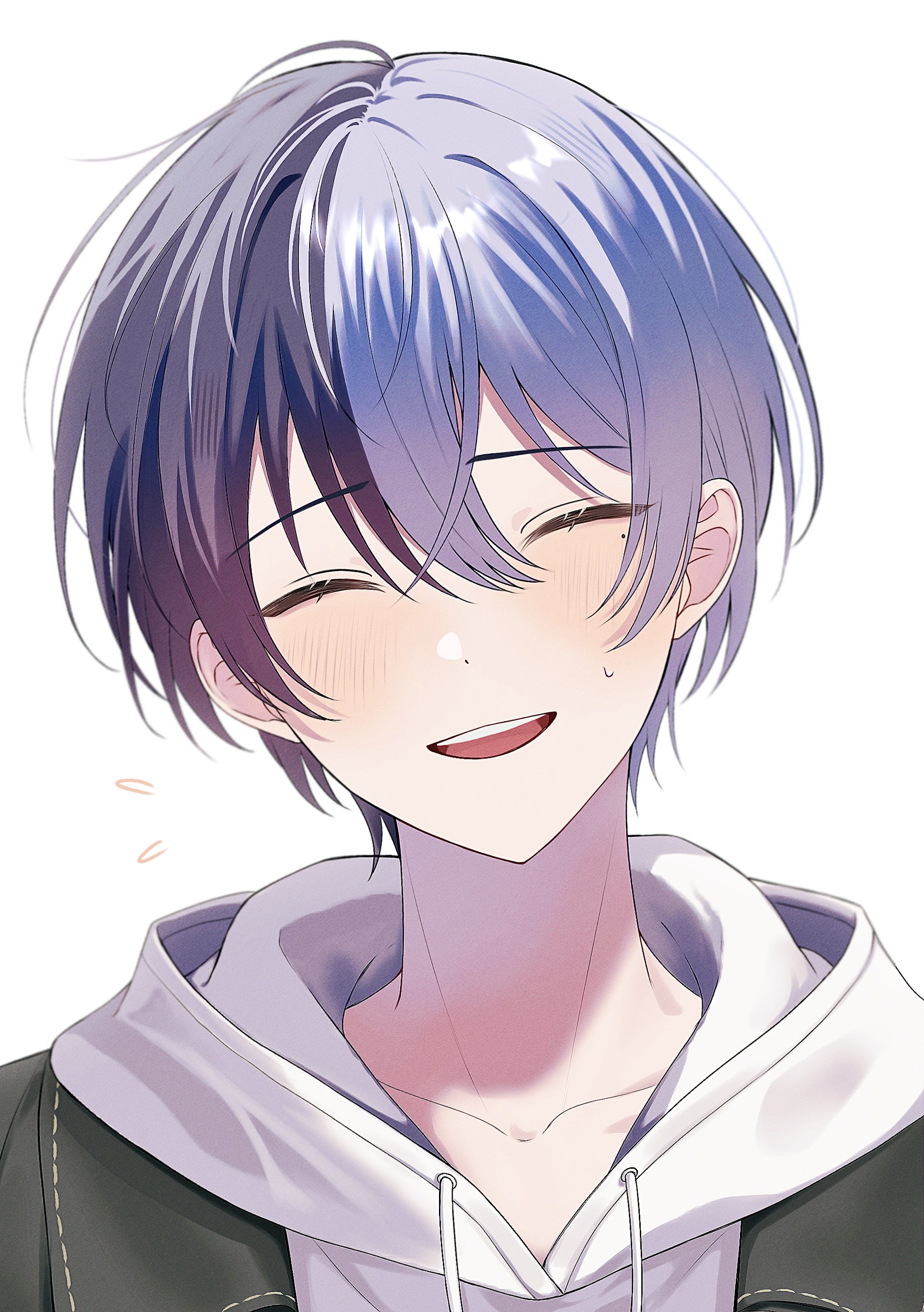 v prsk, aoyagi touya, project sekai, absurdres, highres, 1boy, blue hair, closed eyes, drawstring, facing viewer, hood, hood down, male focus, mole, mole under eye, multicolored hair, nervous sweating, open mouth, portrait, short hair, simple background, smile, solo, split-color hair, sweat, teeth, two-tone hair, upper teeth only, white background