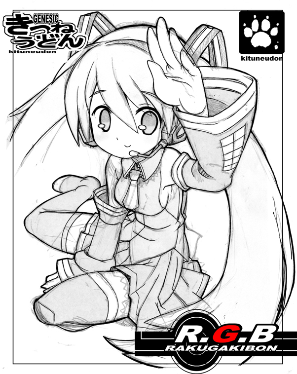 kitsune choukan, hatsune miku, vocaloid, 1girl, female focus, greyscale, monochrome, smile, solo, thighhighs, twintails