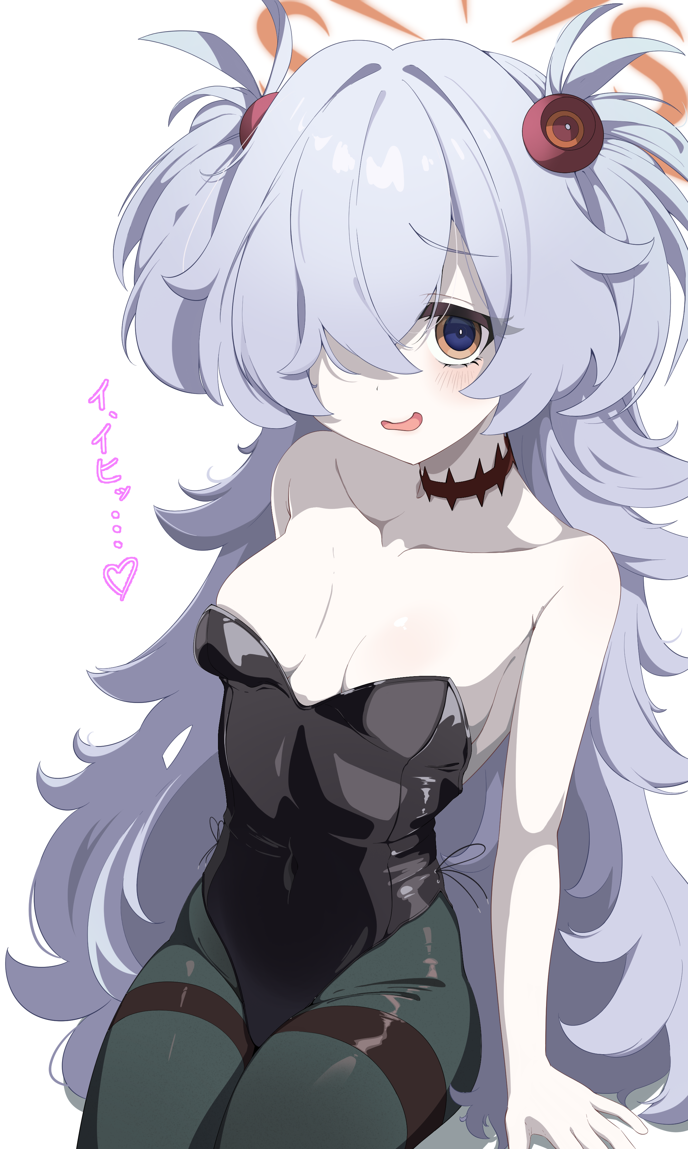 kanoe (blue archive), blue archive, fluffy hair, absurdres, highres, 1girl, alternate costume, black leotard, black pantyhose, brown halo, collarbone, halo, highleg, highleg leotard, leotard, long hair, looking at viewer, pantyhose, playboy bunny, rei hinasuki, scar, scar on neck, smile, solo, strapless, strapless leotard, thighband pantyhose, two side up, white background