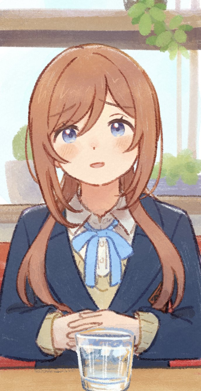 hageringo, himesaki rinami, gakuen idolmaster, idolmaster, commentary request, highres, 1girl, blazer, blue eyes, blue jacket, blue ribbon, blush, brown hair, brown sweater, collared shirt, cup, drinking glass, hands up, hatsuboshi gakuen school uniform, indoors, interlocked fingers, jacket, long hair, long sleeves, looking at viewer, neck ribbon, open mouth, own hands together, plant, potted plant, pov across table, ribbon, school emblem, school uniform, shirt, sitting, solo, sweater, table, upper body, white shirt, window