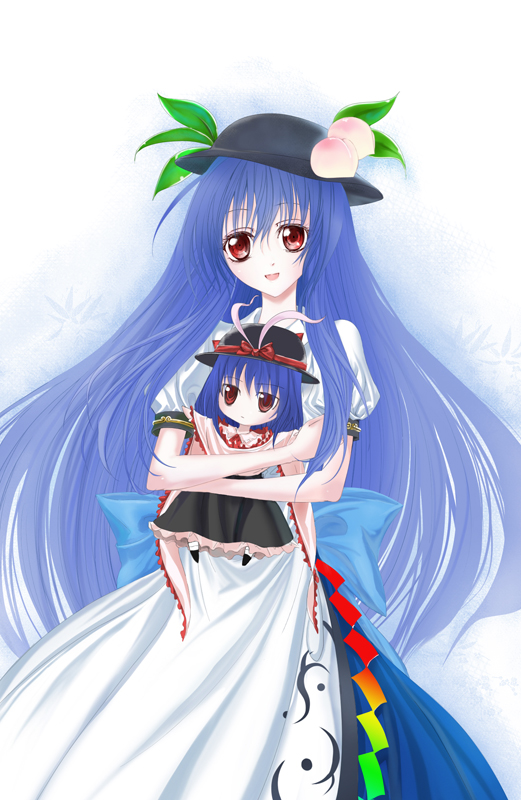 keito (kagami), hinanawi tenshi, nagae iku, touhou, bad id, bad pixiv id, 1girl, blue hair, character doll, doll, female focus, food, fruit, hat, long hair, peach, ribbon, short hair, solo