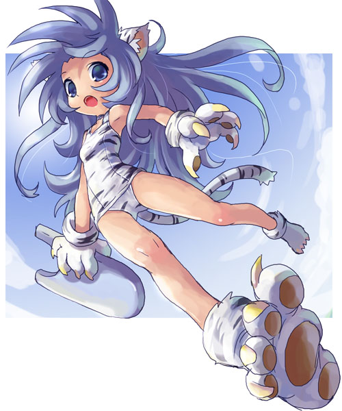 katahira masashi, cham cham, samurai spirits, snk, 1girl, alternate color, animal ears, animal hands, animal print, blue eyes, blue hair, female focus, full body, gloves, long hair, matching hair/eyes, one-piece swimsuit, paw gloves, paw shoes, school swimsuit, shoes, solo, swimsuit, tail, tiger print