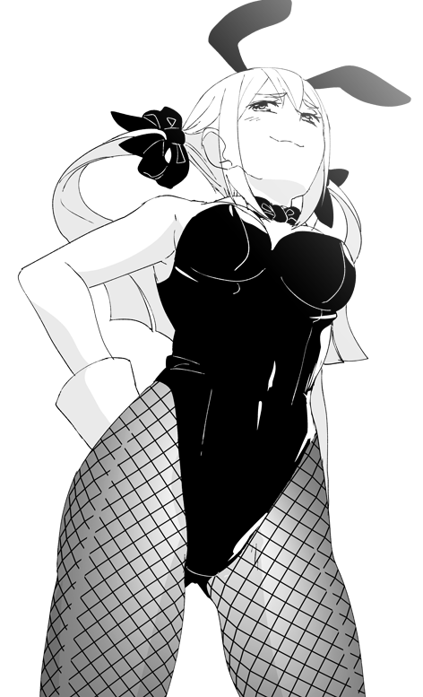 ikuhashi muiko, koujiro frau, robotics;notes, science adventure, 1girl, animal ears, black leotard, bow, bowtie, breasts, detached collar, fake animal ears, fishnets, greyscale, highleg, leotard, long hair, looking to the side, medium breasts, monochrome, narrowed eyes, playboy bunny, rabbit ears, smile, smug, solo, strapless, strapless leotard, two side up, wrist cuffs