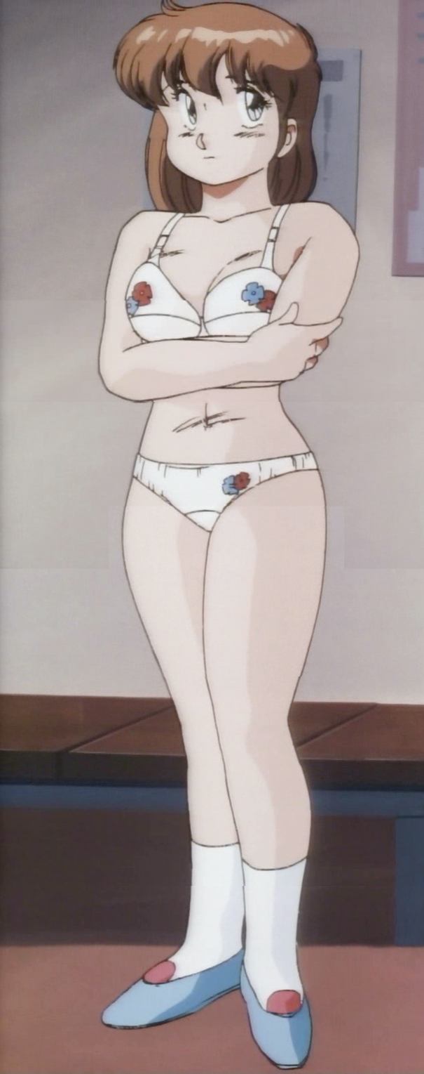 cream lemon, 1980s (style), anime screenshot, highres, stitched, third-party edit, 1girl, bra, brown hair, female focus, lingerie, oldschool, panties, retro artstyle, solo, standing, underwear, underwear only