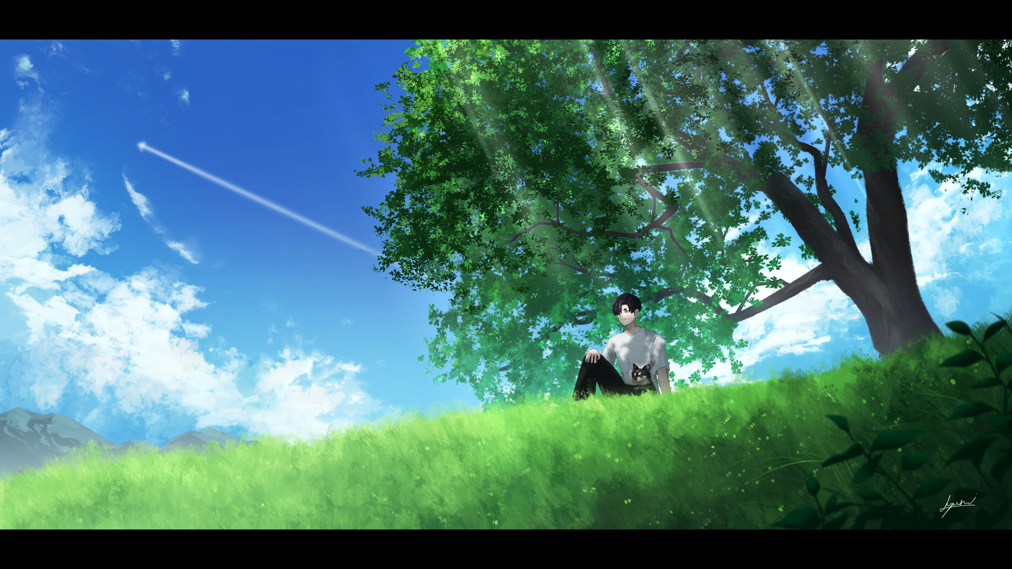 h yuusui, original, absurdres, commentary request, highres, 1boy, arm at side, asymmetrical bangs, black pants, blue sky, blush, cloud, contrail, day, dog, field, grass, hand on own knee, knee up, letterboxed, light rays, male focus, nature, on ground, outdoors, pants, scenery, shirt, short hair, short sleeves, signature, sitting, sky, solo, sunbeam, sunlight, t-shirt, tree, very short hair, white shirt