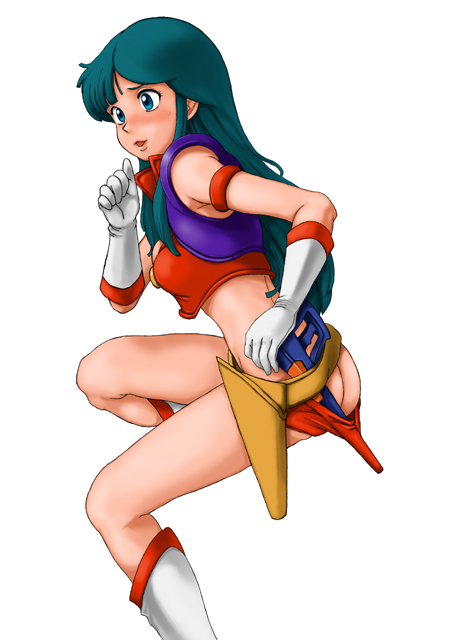 kirishima reika, reika (time gal), taito, time gal, artist request, 1girl, ass, boots, elbow gloves, failure, female focus, gloves, green hair, gun, simple background, solo, weapon, white background