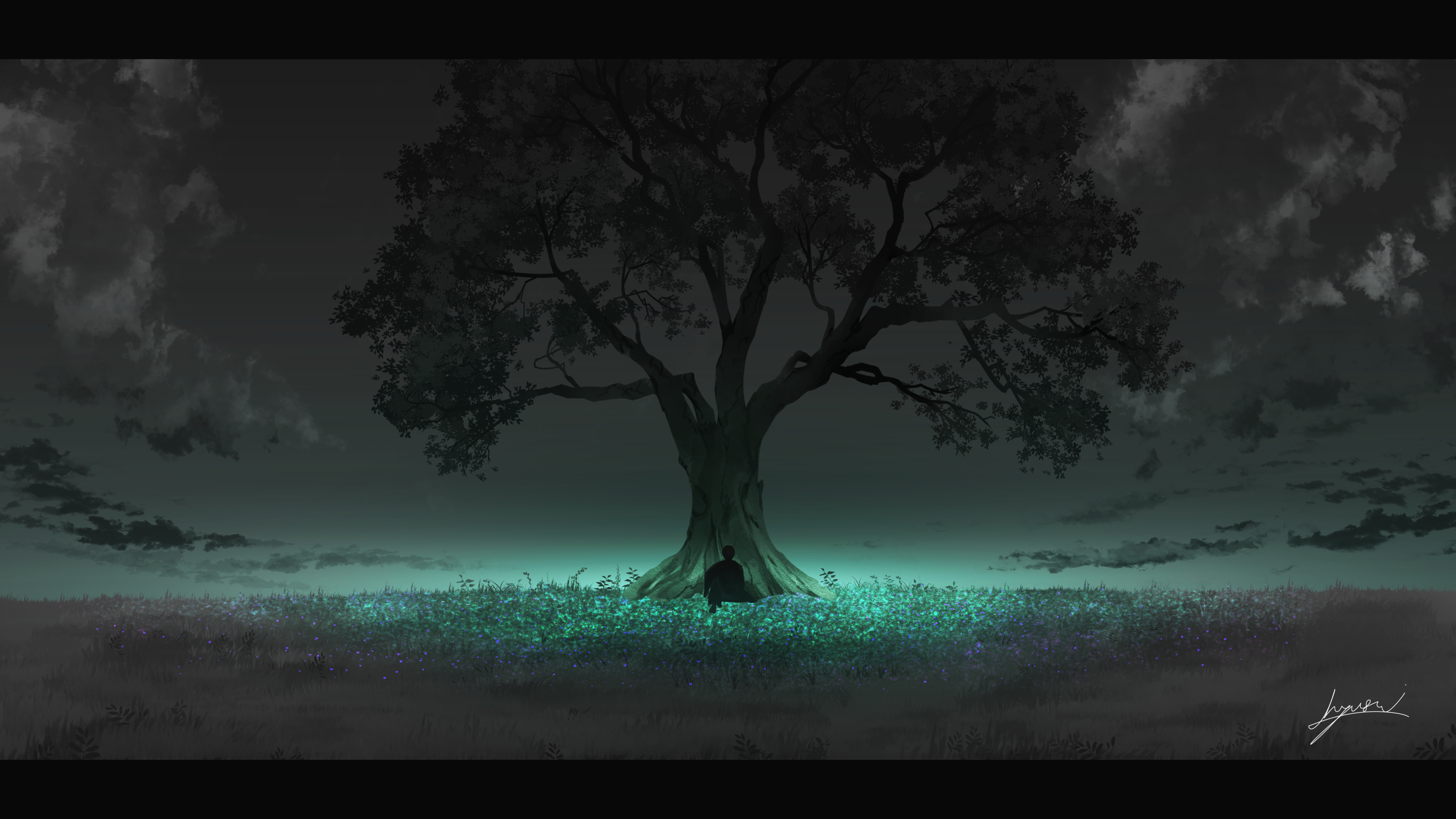 h yuusui, original, commentary request, highres, 1other, ambiguous gender, cloud, greyscale, letterboxed, monochrome, on ground, scenery, signature, silhouette, sitting, sky, spot color, tree, wide shot