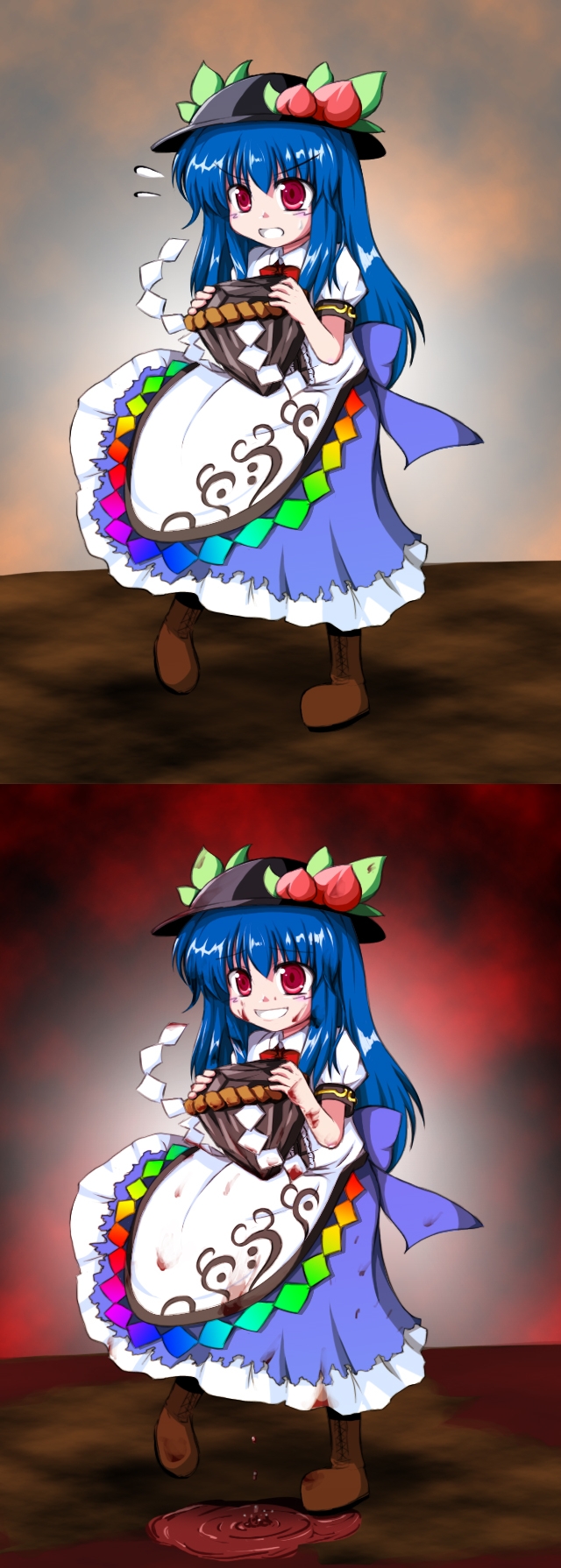 hinanawi tenshi, touhou, highres, non-web source, 1girl, blood, blue hair, female focus, food, fruit, hat, kaname-ishi, peach, red eyes, rope, sequential, shide, shimenawa