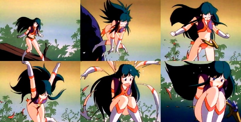 kirishima reika, taito, time gal, 1980s (style), anime screenshot, boots, bottomless, elbow gloves, gloves, green hair, long hair, oldschool, retro artstyle, solo, surprised, torn clothes, very long hair, white boots