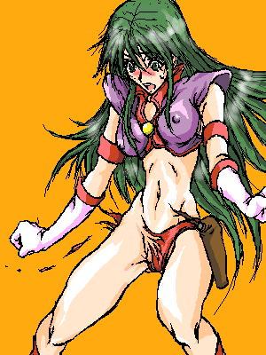 kirishima reika, taito, time gal, 1980s (style), lowres, blush, elbow gloves, embarrassed, gloves, green hair, long hair, oldschool, retro artstyle, solo, torn clothes, very long hair