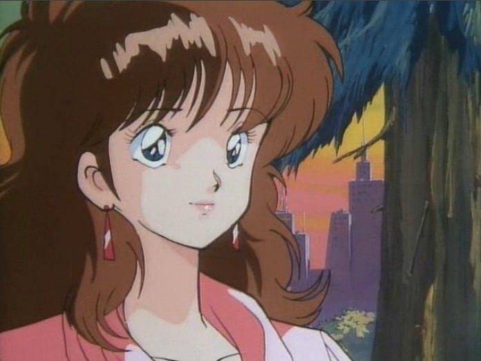 cream lemon, screencap, 1980s (style), anime screenshot, 1girl, blue eyes, brown hair, closed mouth, collarbone, earrings, forest, green eyes, jewelry, light smile, lips, lipstick, long hair, makeup, nature, oldschool, outdoors, plant, retro artstyle, silhouette, solo, tree, upper body