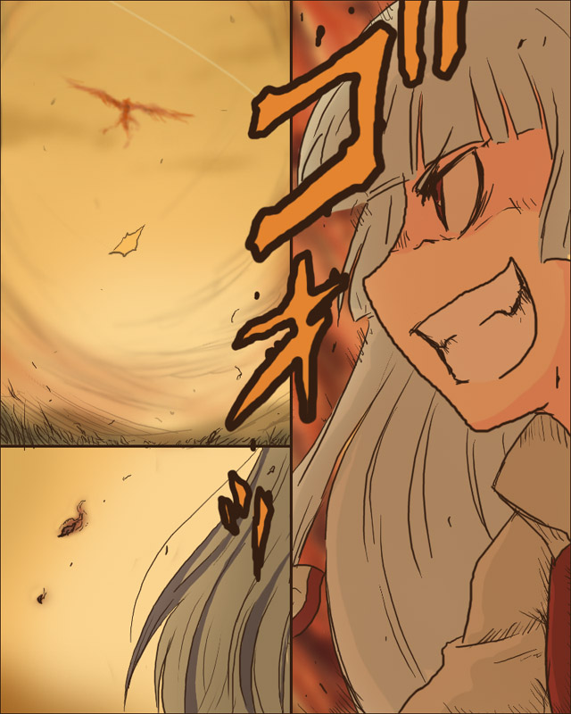 toto (hitori othello), fujiwara no mokou, tengen toppa gurren lagann, touhou, 1girl, comic, female focus, grin, parody, silent comic, smile, solo