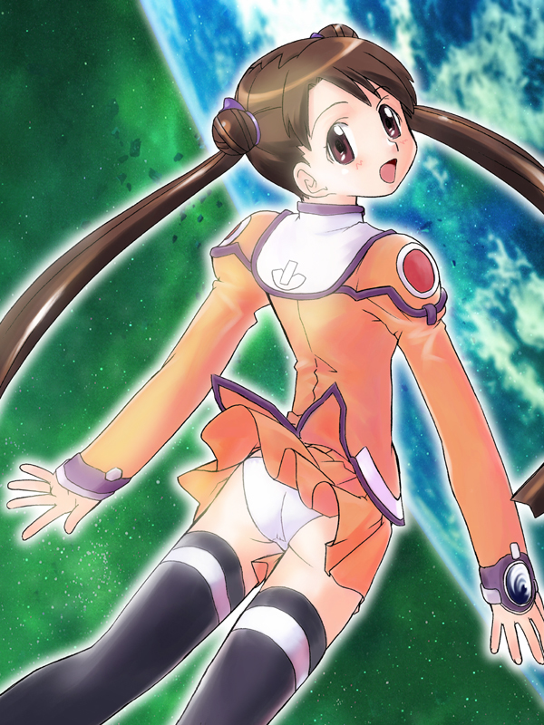 morimi ashita, katase shima, uchuu no stellvia, 00s, 1girl, ass, blush, brown eyes, brown hair, female focus, long twintails, miniskirt, open mouth, orange shirt, panties, pantyshot, shirt, skirt, solo, space, standing, thighhighs, twintails, underwear, upskirt, white panties, wind, wind lift
