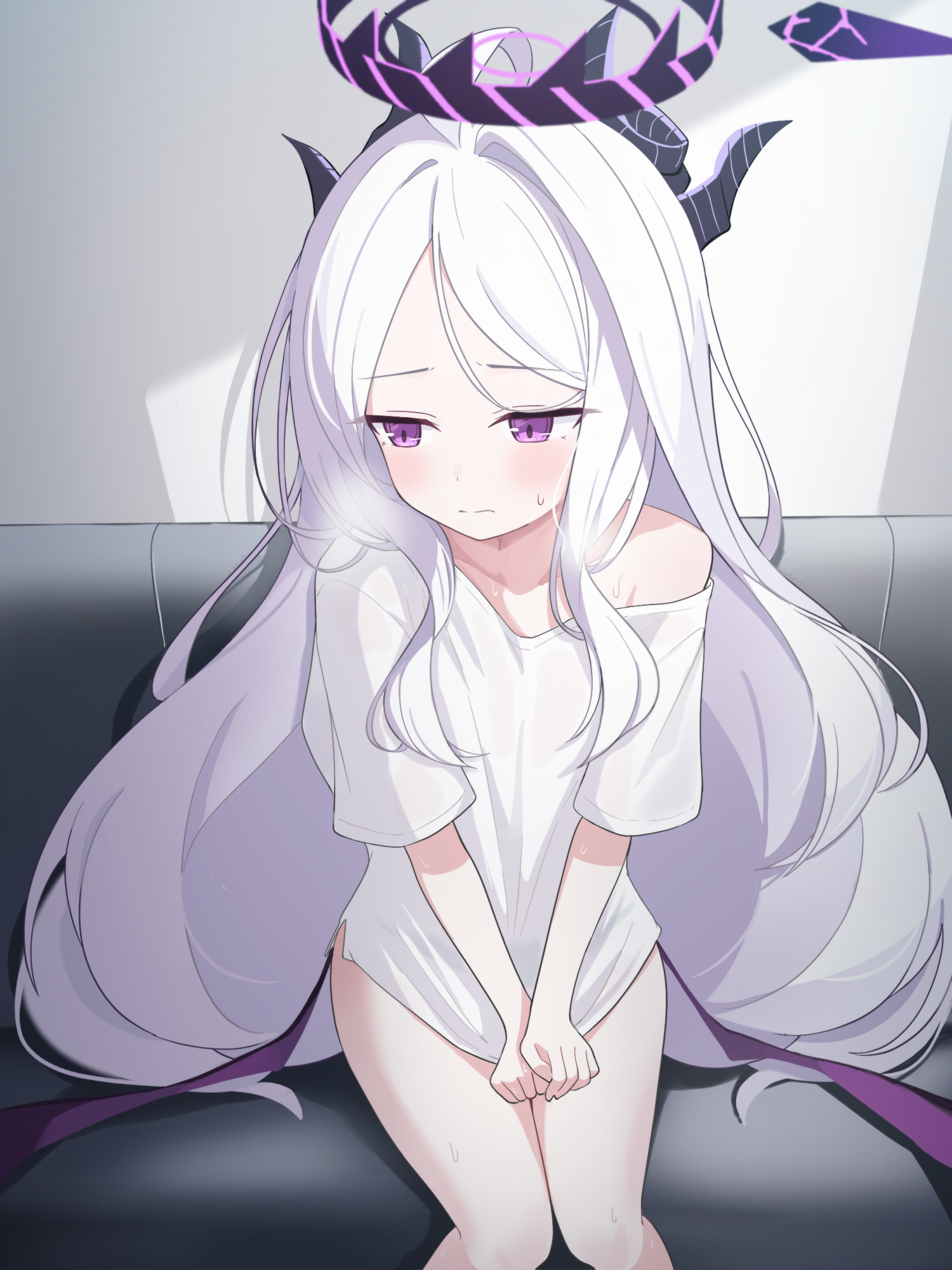 minamino 3730, hina (blue archive), blue archive, highres, 1girl, ahoge, black halo, blush, breasts, demon girl, demon horns, demon wings, halo, horns, indoors, long hair, looking at viewer, low wings, purple eyes, shirt, sitting, small breasts, solo, very long hair, white hair, white shirt, wings