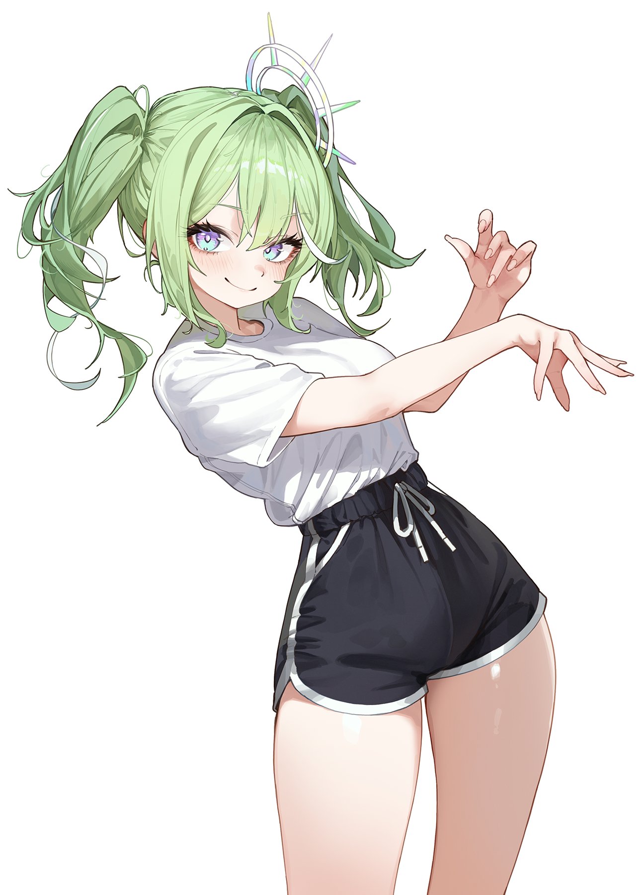 yuzuha riko, stellive, commentary request, highres, korean commentary, 1girl, black shorts, blush, breasts, bright pupils, closed mouth, cowboy shot, dolphin shorts, eyelashes, fingernails, green hair, hair between eyes, hair intakes, hands up, hwashin02, long bangs, long hair, looking at viewer, multicolored hair, purple eyes, shirt, shirt tucked in, short shorts, short sleeves, shorts, simple background, smile, solo, standing, streaked hair, t-shirt, twintails, virtual youtuber, white background, white pupils, white shirt, white streaks