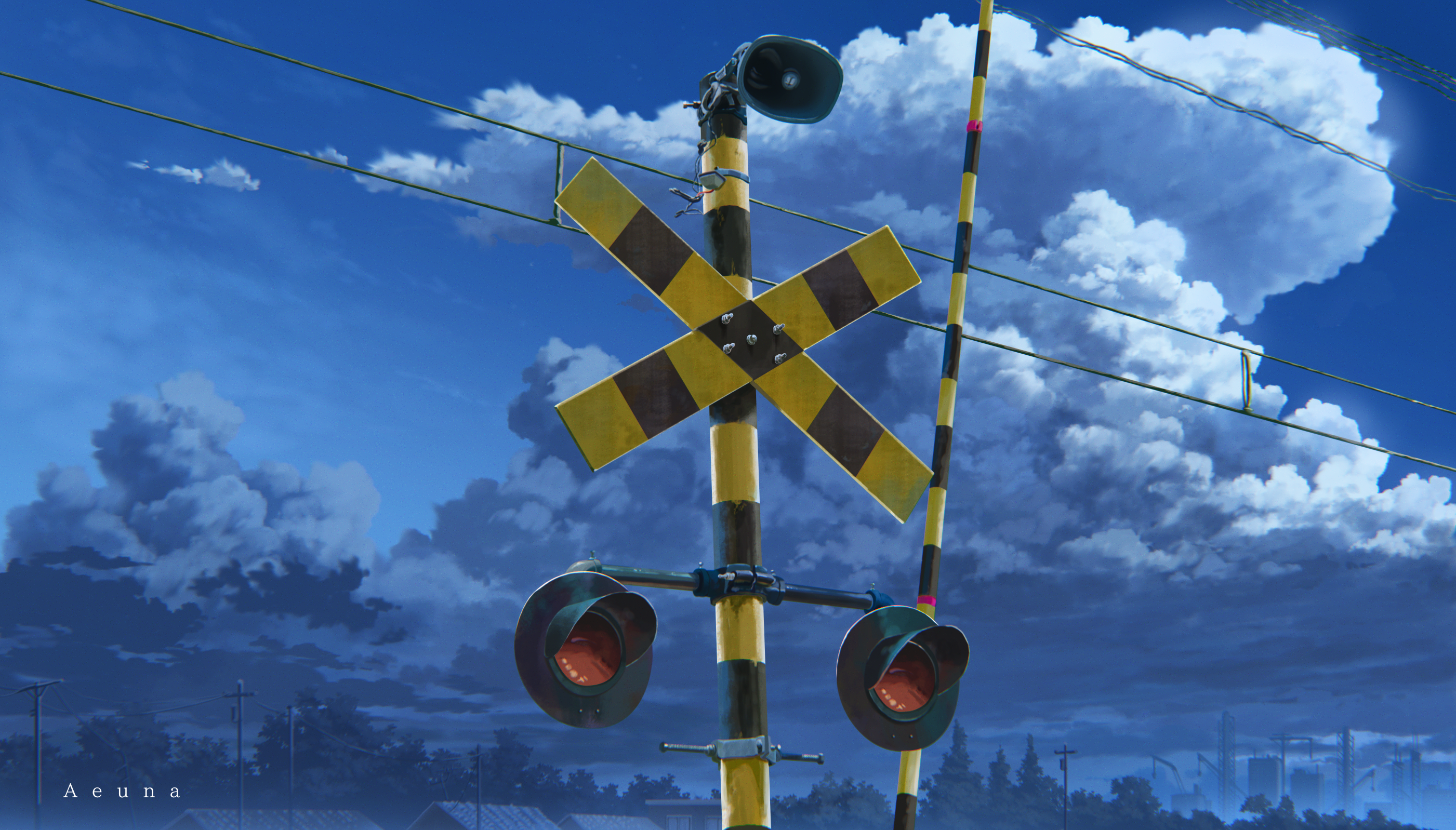 aeuna, original, commentary, english commentary, highres, artist name, blue sky, building, cloud, cloudy sky, cumulonimbus cloud, day, no humans, outdoors, power lines, public address system, railroad crossing ahead sign, scenery, sky, traffic light, tree, utility pole