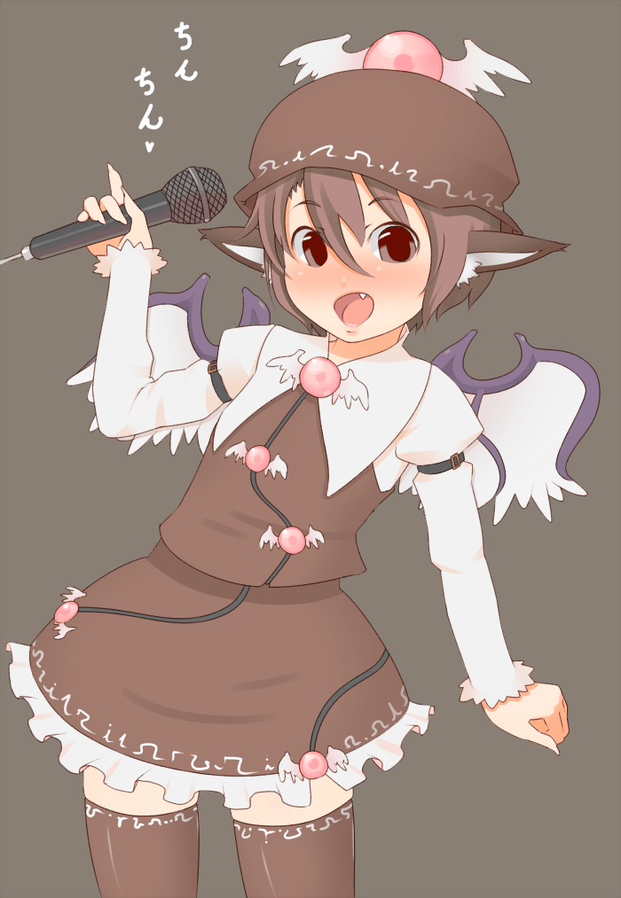 torque, mystia lorelei, touhou, 1girl, blush, fang, female focus, hat, microphone, pink hair, short hair, simple background, solo, standing, thighhighs, toruku, wings