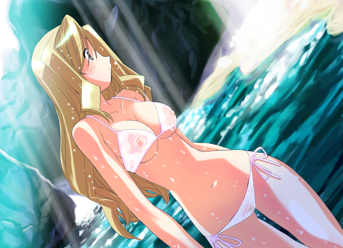 morimi ashita, original, 1girl, bikini, blonde hair, breasts, brown eyes, brown hair, female focus, large breasts, lowleg, nipples, see-through clothes, side-tie bikini bottom, solo, swimsuit, water, wet, white bikini