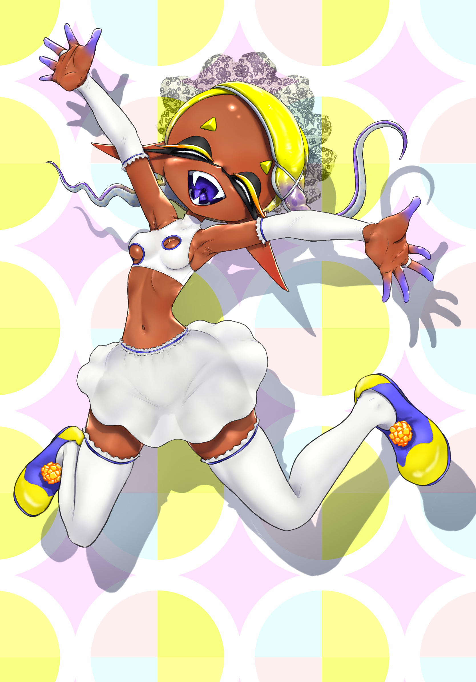 koharu2.5, frye (splatoon), nintendo, splatoon (series), highres, 1girl, armpits, arms up, blonde hair, bra, breasts, bridal gauntlets, cleavage, cleavage cutout, closed eyes, clothing cutout, colored eyelashes, colored tongue, fangs, gradient hair, jumping, long hair, miniskirt, multicolored hair, multicolored shoes, narrow waist, navel, open mouth, outstretched arms, pointy ears, pointy nose, polka dot, polka dot hair, purple hair, purple mouth, purple tongue, shadow, skirt, small breasts, smile, solo, spread arms, thick eyebrows, thighhighs, underboob, underwear, uvula, white bra, white skirt, white thighhighs, wide hips