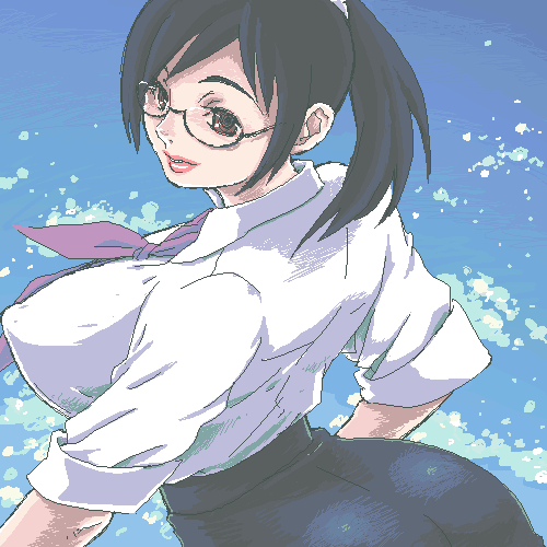 33 (loro), holon, real drive, lowres, 1girl, back, black hair, breasts, brown eyes, covered erect nipples, female focus, glasses, huge breasts, lips, looking back, necktie, oekaki, office lady, pencil skirt, skirt, sleeves rolled up, solo