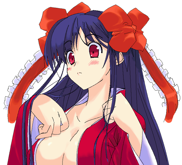 aonagi hayate, original, bad id, bad pixiv id, 1girl, blue hair, blush, bow, breasts, cleavage, female focus, hair bow, hair ribbon, japanese clothes, kimono, large breasts, long hair, purple hair, red eyes, ribbon, solo