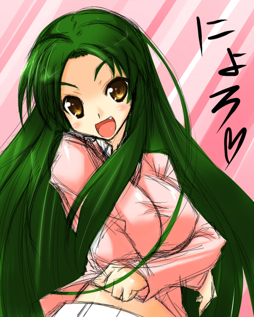 aonagi hayate, tsuruya, suzumiya haruhi no yuuutsu, bad id, bad pixiv id, 00s, 1girl, breasts, fang, female focus, green eyes, green hair, large breasts, long hair, matching hair/eyes, solo, very long hair