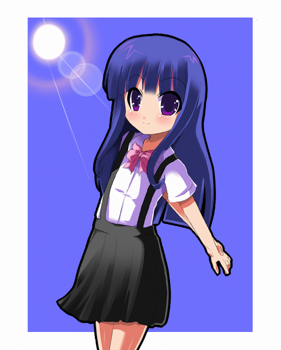 shiraki ai, furude rika, higurashi no naku koro ni, bad id, bad pixiv id, 00s, 1girl, black skirt, blue hair, blush, border, bow, bowtie, female focus, lens flare, light rays, long hair, looking at viewer, pink bow, pink bowtie, purple eyes, ribbon, shirt, short sleeves, skirt, solo, sunlight, suspender skirt, suspenders, very long hair, white shirt