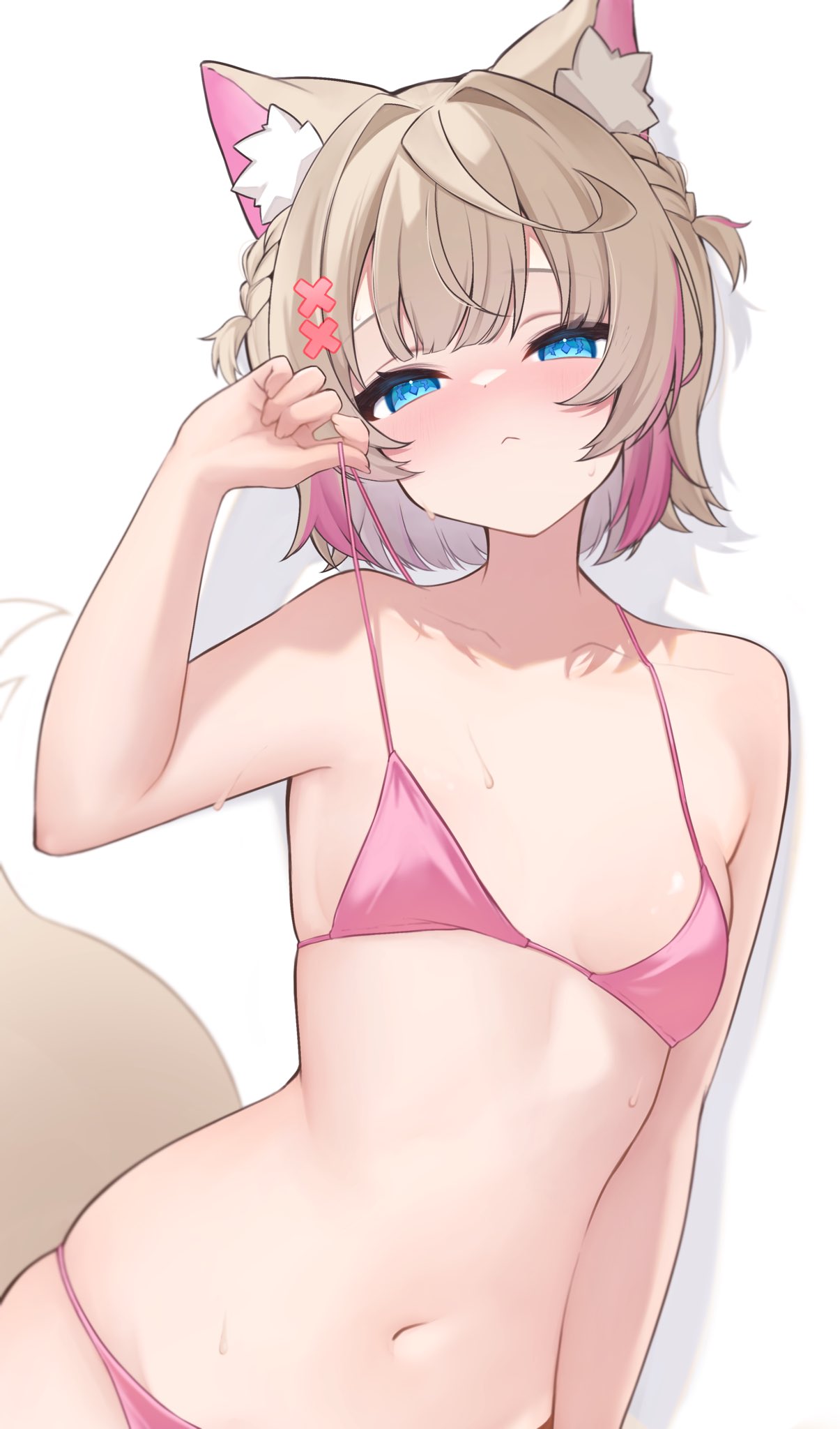 nyakano o, mococo abyssgard, hololive, hololive english, commentary request, highres, 1girl, :<, alternate costume, animal ear fluff, animal ears, bikini, bikini top pull, blonde hair, blue eyes, blunt bangs, blush, braid, breasts, closed mouth, dog ears, dog girl, dog tail, hair ornament, looking at viewer, multicolored hair, navel, pink bikini, pink hair, short hair, simple background, small breasts, solo, stomach, streaked hair, sweat, swimsuit, tail, two side up, virtual youtuber, white background, x hair ornament