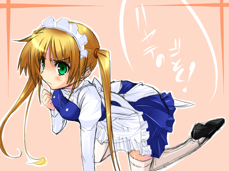 aonagi hayate, sanzen'in nagi, hayate no gotoku!, bad id, bad pixiv id, 00s, all fours, apron, blonde hair, dress, green eyes, long hair, maid, maid apron, maid headdress, solo, thighhighs, twintails
