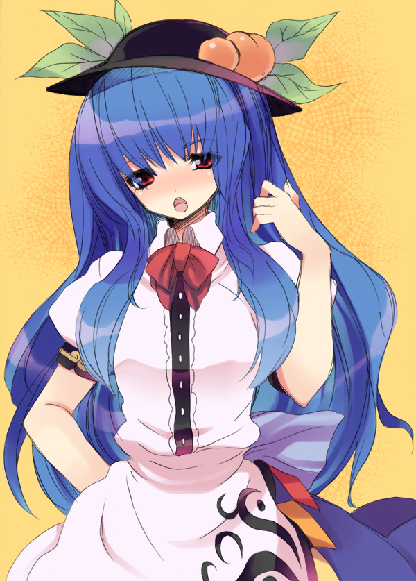 yuki machi, yukimachi, yukimachi tounosuke, hinanawi tenshi, touhou, 1girl, blue hair, female focus, food, fruit, hat, long hair, peach, ribbon, solo
