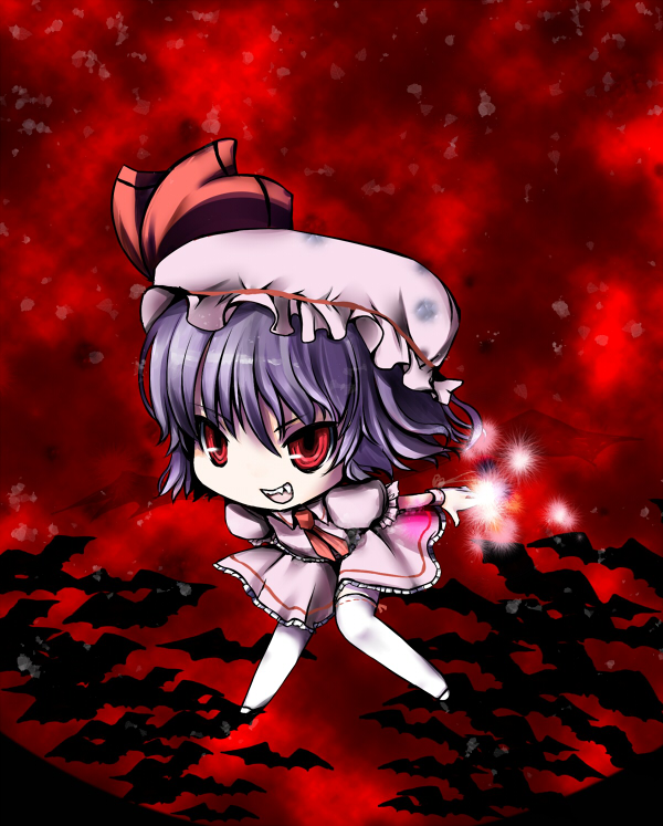 nanatsuki itsuka, remilia scarlet, touhou, 1girl, blue hair, chibi, fang, female focus, full body, gradient background, hat, red eyes, ribbon, short hair, solo, wings