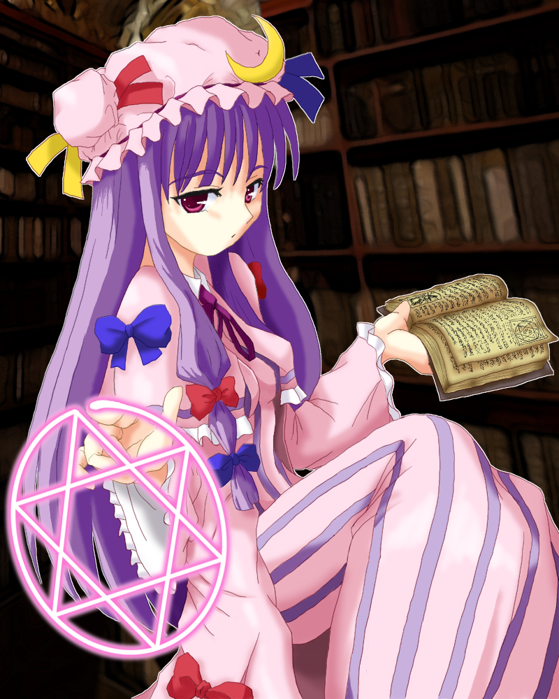 brave (pixiv), patchouli knowledge, touhou, bad id, bad pixiv id, inactive account, 1girl, book, female focus, hat, hexagram, library, long hair, magic circle, purple hair, ribbon, solo, voile