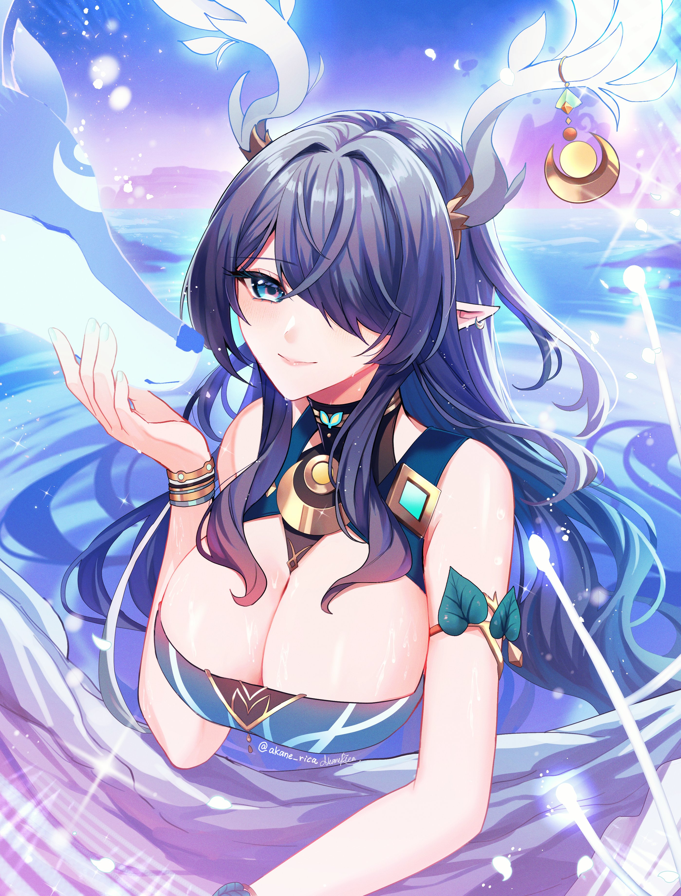 annerica, lauma (genshin impact), genshin impact, absurdres, commentary request, highres, 1girl, antler ornament, antlers, bare shoulders, blue eyes, blue hair, breasts, cleavage, closed mouth, deer antlers, fingernails, hair over one eye, hand up, horns, large breasts, light smile, long hair, looking at viewer, pointy ears, signature, sleeveless, solo, twitter username, very long hair