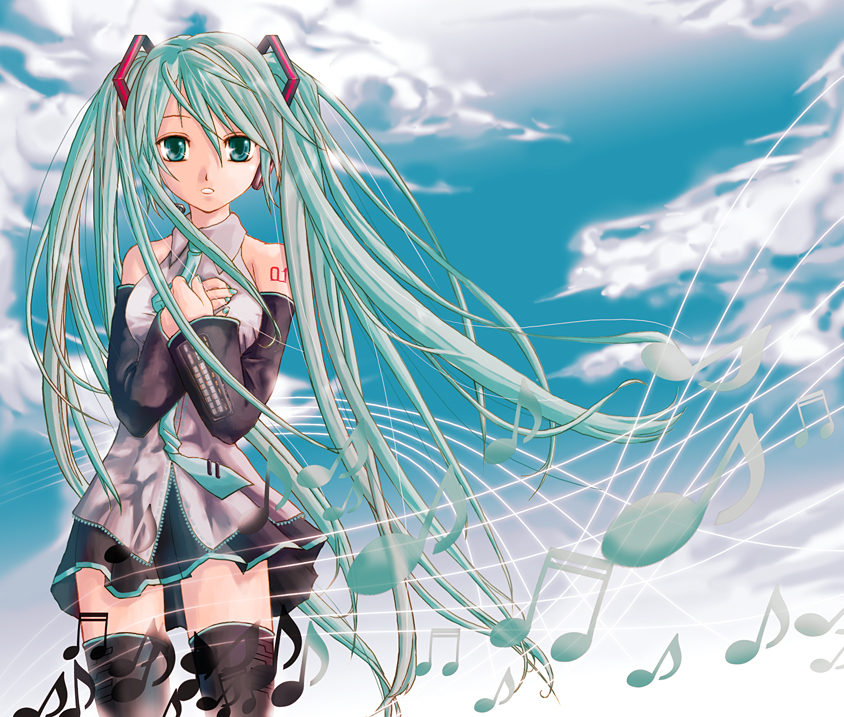 chartreux, hatsune miku, vocaloid, 1girl, aqua eyes, aqua hair, black boots, black skirt, blue sky, boots, cloud, collared shirt, cowboy shot, day, detached sleeves, female focus, grey shirt, hair between eyes, hair ornament, hands on own chest, headphones, headset, legs apart, long hair, looking at viewer, microphone, miniskirt, music, musical note, nail polish, necktie, own hands together, pleated skirt, quaver, sheet music, shirt, singing, skirt, sky, solo, tattoo, thigh boots, thighhighs, twintails, upskirt