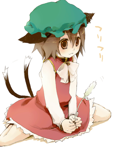 fujiyama, rin (artist), chen, touhou, bad id, bad pixiv id, lowres, 1girl, animal ears, cat ears, cat girl, cat tail, china dress, chinese clothes, dress, earrings, female focus, hat, jewelry, ribbon, short hair, solo, tail