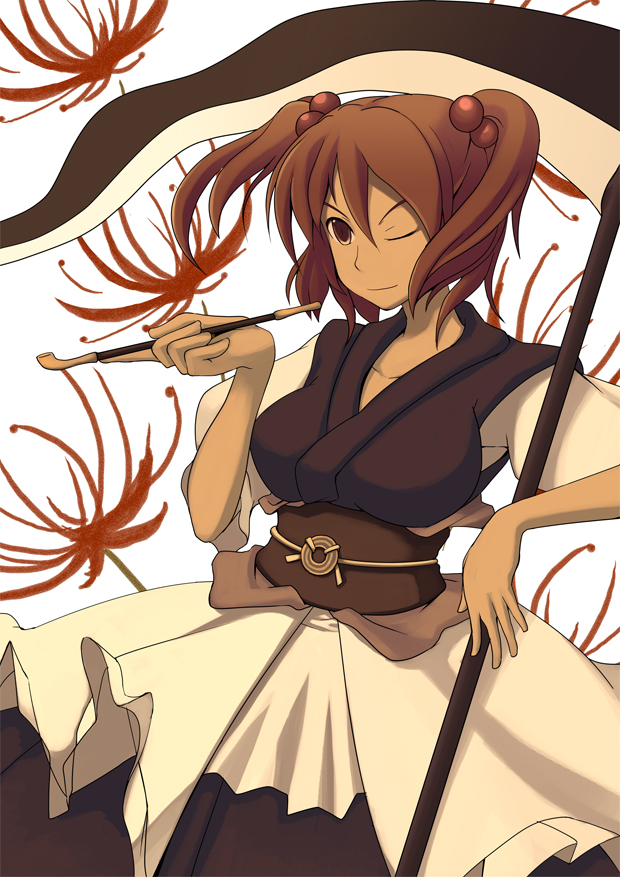 aroha j, onozuka komachi, touhou, 1girl, breasts, female focus, holding, holding smoking pipe, kiseru, large breasts, red hair, scythe, short hair, smoking, smoking pipe, solo